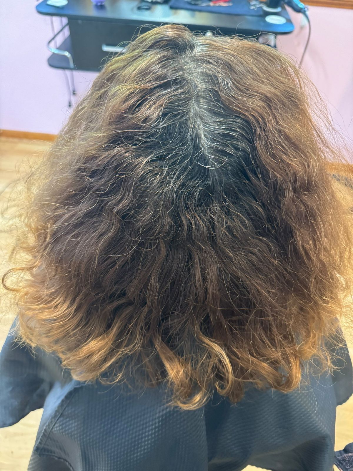 Gray coverage & bouncy curls — Before · MABE